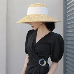 Summer Straw Hat Pearl Pin Women'S Summer Seaside Sunshade Hollow Groove Flat Top Straw Hat Sombrero 여성모자