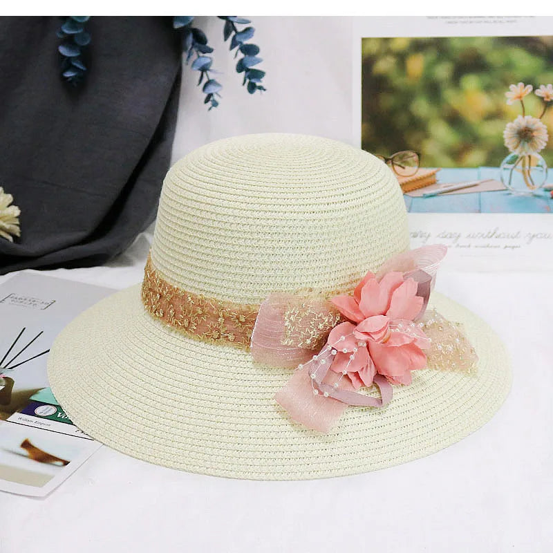 Fashion Women Summer New Women'S Sun Hat Bucket Cap Beige Lace Bowknot Flowers Ribbon Flat Top Straw Hat Beach Caps Panama Gift