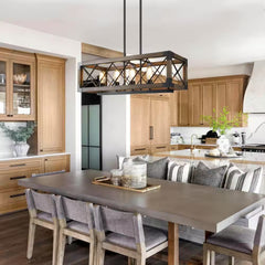 Colorado 5-Light Black Modern Farmhouse Rectangular Box Dining Room Chandelier Solid Wood Kitchen Island Chandelier
