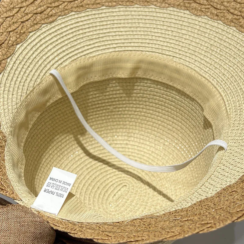 2025 Summer Women Large Bow Straw Hat Portablefoldable Holiday Beach Sun Visors Hand Wovensolid Color Female Sunshade Bonnet Cap