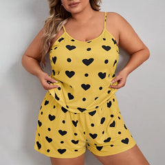 2025 Summer Women'S Heart Print Pajama Set Sleeveless Elastic Waist Shorts 2 Pieces Female Sleepwear Nightwear XL-5XL plus Size