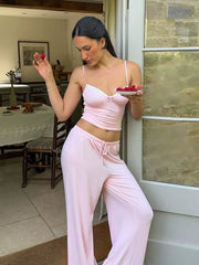 Cute Woman Pink Spaghetti Strap Bow Top Suit Elastic Drawstring Floor-Length Pants Sets V-Neck Home Pullover Pajama Outfit