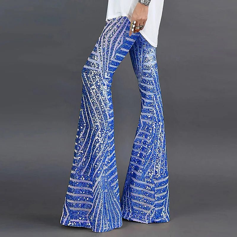 Women's High-Waisted Sequin Flare Trousers - Blue