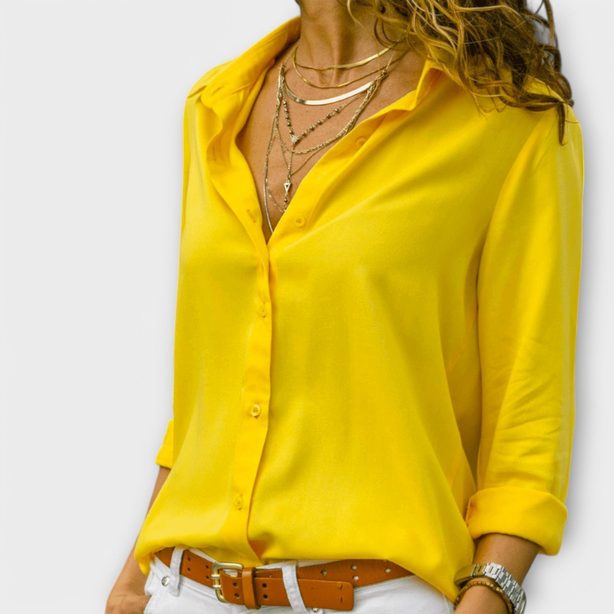Women's Oversized Chiffon Long Sleeve Blouse - Yellow