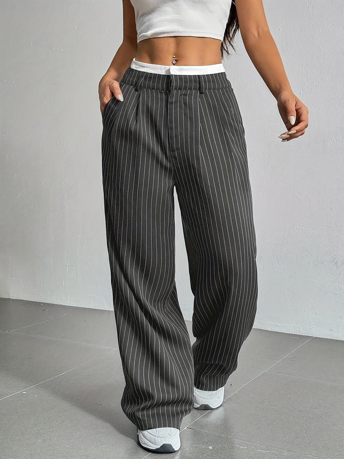 Women's Pinstripe High-Waisted Pleated Wide-Leg Trousers - Grey