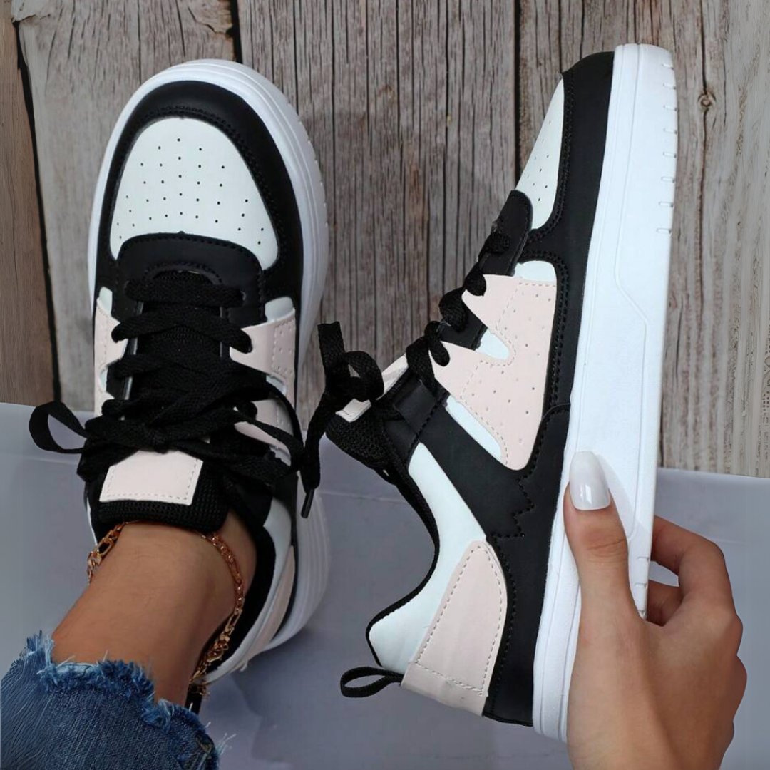 Women's Platform Lace-Up Leather Trainers - Black-pink
