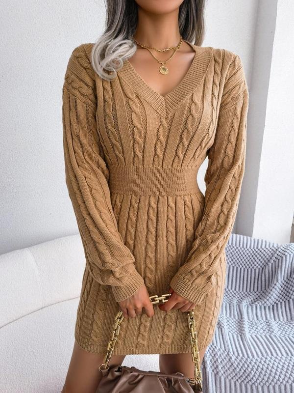 Women's Chunky Bodycon Cable Knit V-Neck Mini Jumper Dress - Khaki
