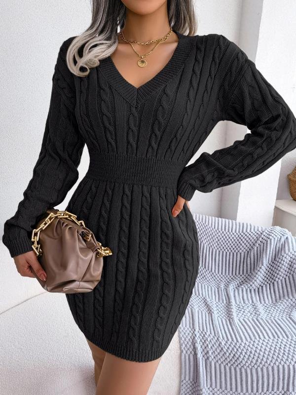 Women's Chunky Bodycon Cable Knit V-Neck Mini Jumper Dress - Black