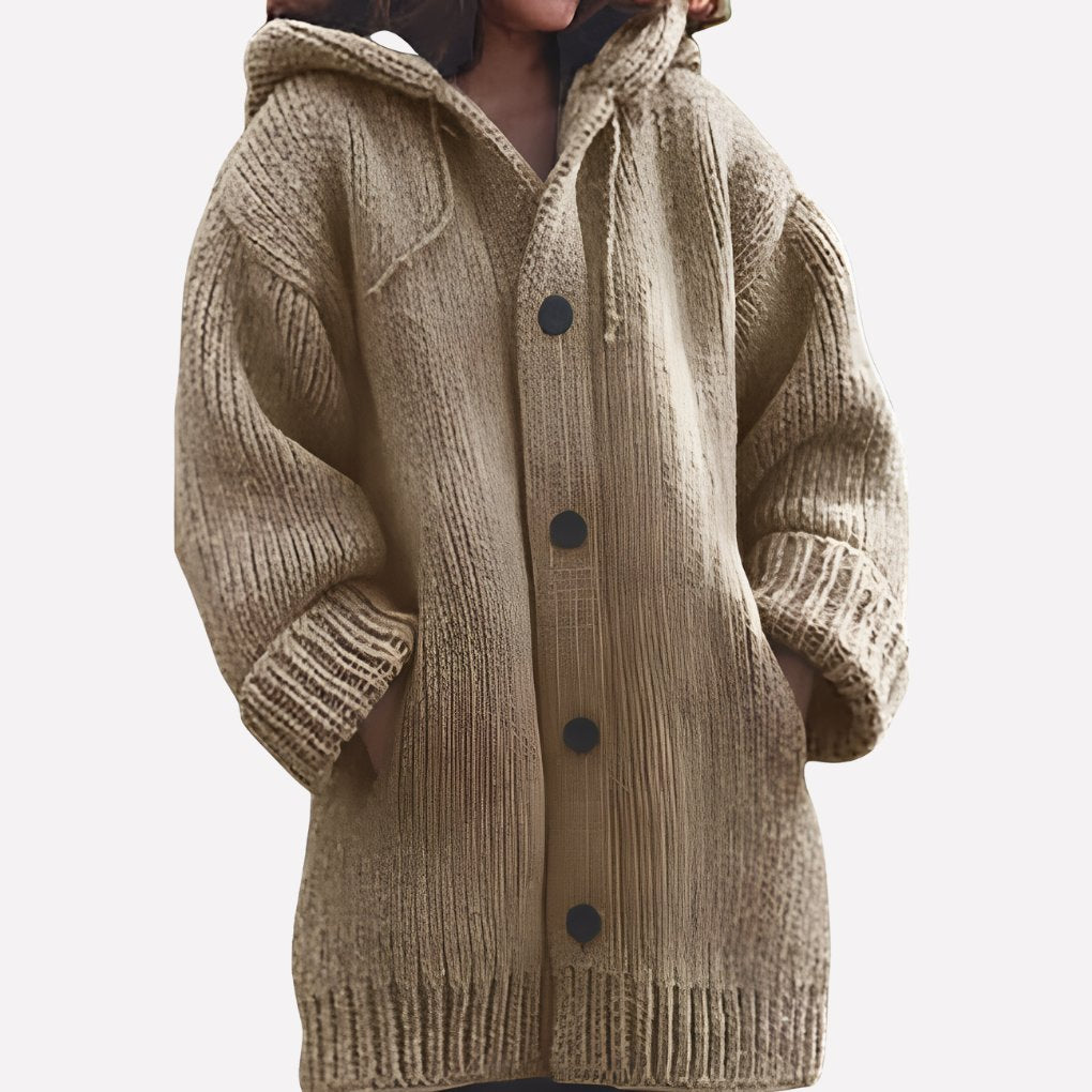 Women's Oversized Ribbed Longline Hooded Cardigan - Khaki