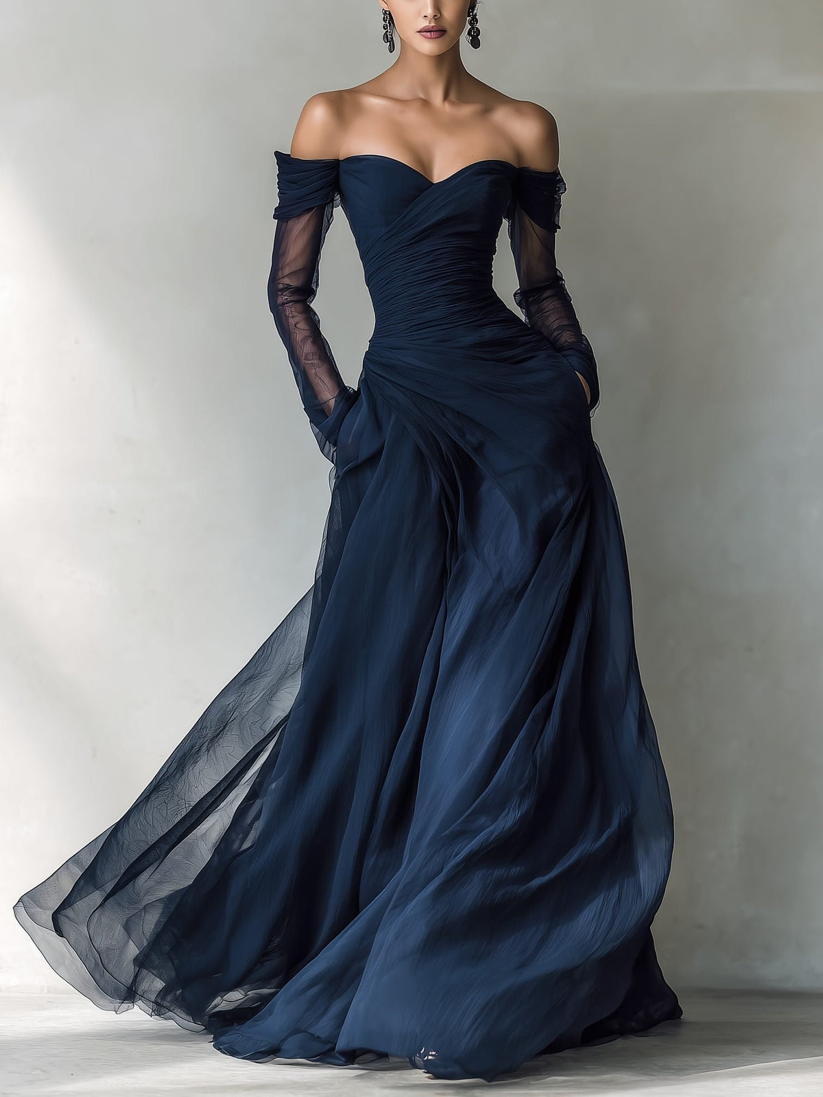 Women's Chiffon Evening Long Sleeve Off-Shoulder Maxi Party Gown - Dark Blue