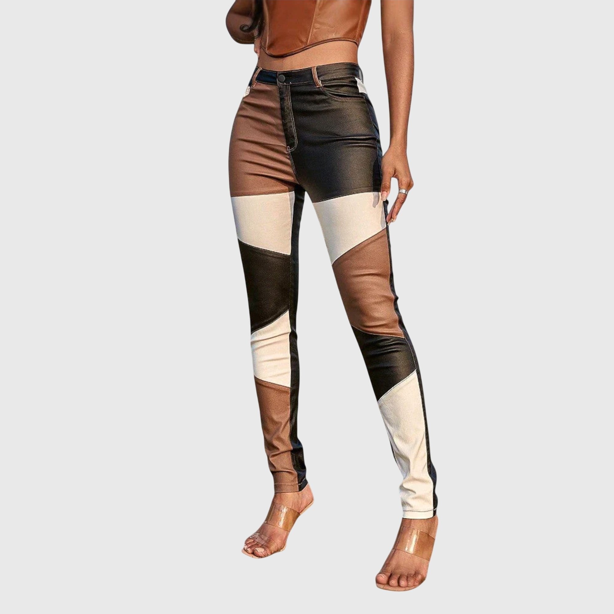 Women's Faux Leather Skinny High-Waisted Satin Trousers - Brown