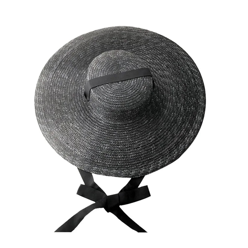 Large Wide Brim Flat Top Sun Straw Hat Fashionable Summer with Long Ribbon Hats for Women Holiday Vintage Beach Visor Cap Retro