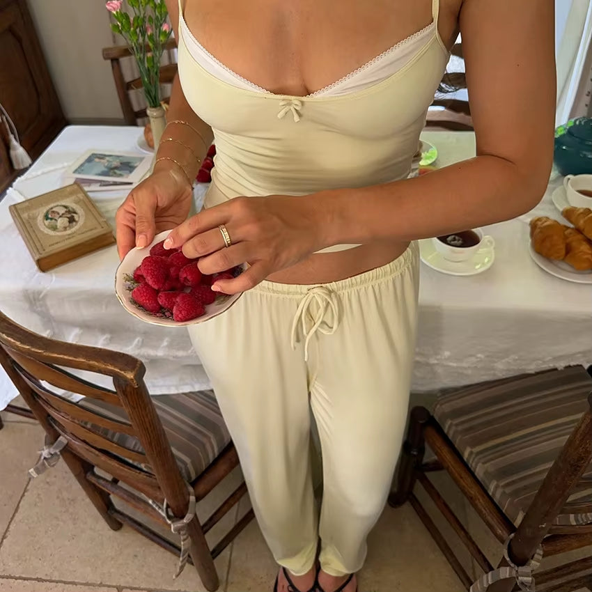 Cute Woman Pink Spaghetti Strap Bow Top Suit Elastic Drawstring Floor-Length Pants Sets V-Neck Home Pullover Pajama Outfit
