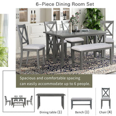 Dining Table Set for 6, Farmhouse Dining Table Set with Foldable Table, Bench & 4 Chairs, Kitchen Table Sets with Chairs, Dining Room Set for Home Apartment Dorm, Gray