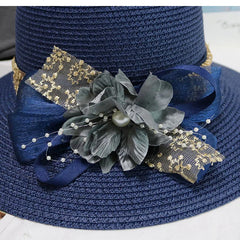 Fashion Women Summer New Women'S Sun Hat Bucket Cap Beige Lace Bowknot Flowers Ribbon Flat Top Straw Hat Beach Caps Panama Gift