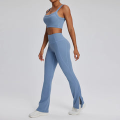 Women'S 2Pcs Yoga Suit Tight Fitting Sports Set Workout Breathable Fitness Bra Gym Long Sleeve Crop Top Bell-Bottoms Leggings