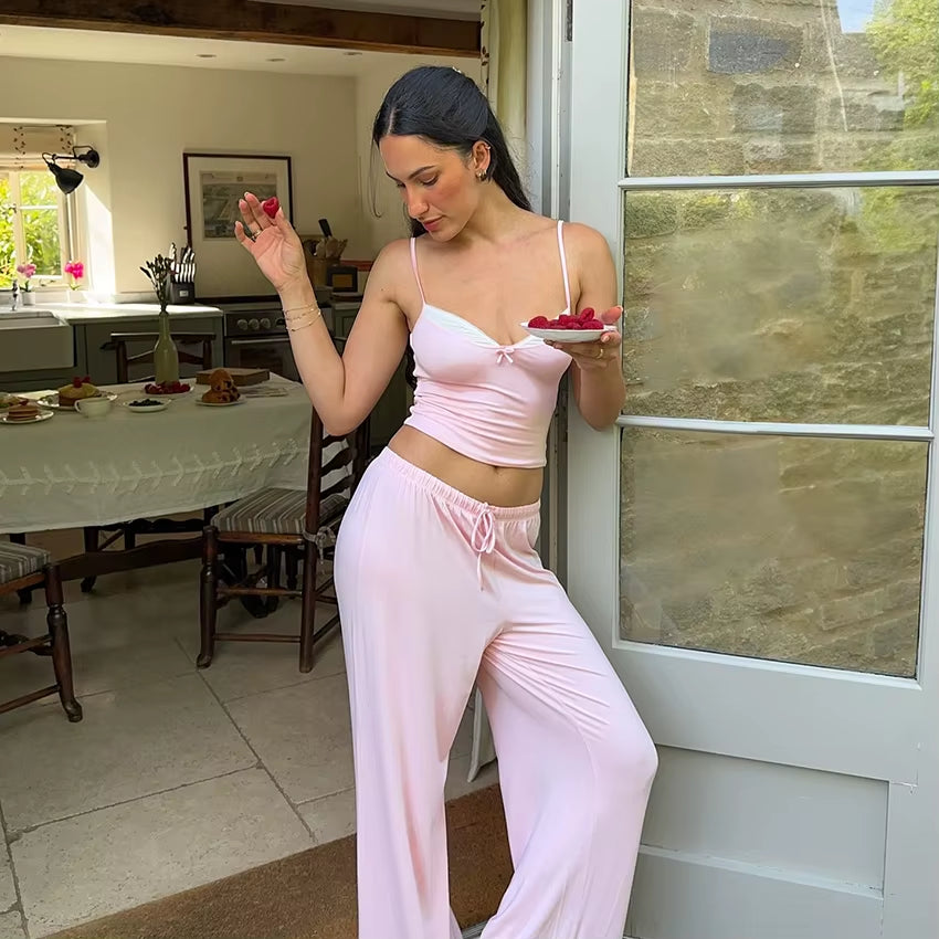 Cute Woman Pink Spaghetti Strap Bow Top Suit Elastic Drawstring Floor-Length Pants Sets V-Neck Home Pullover Pajama Outfit