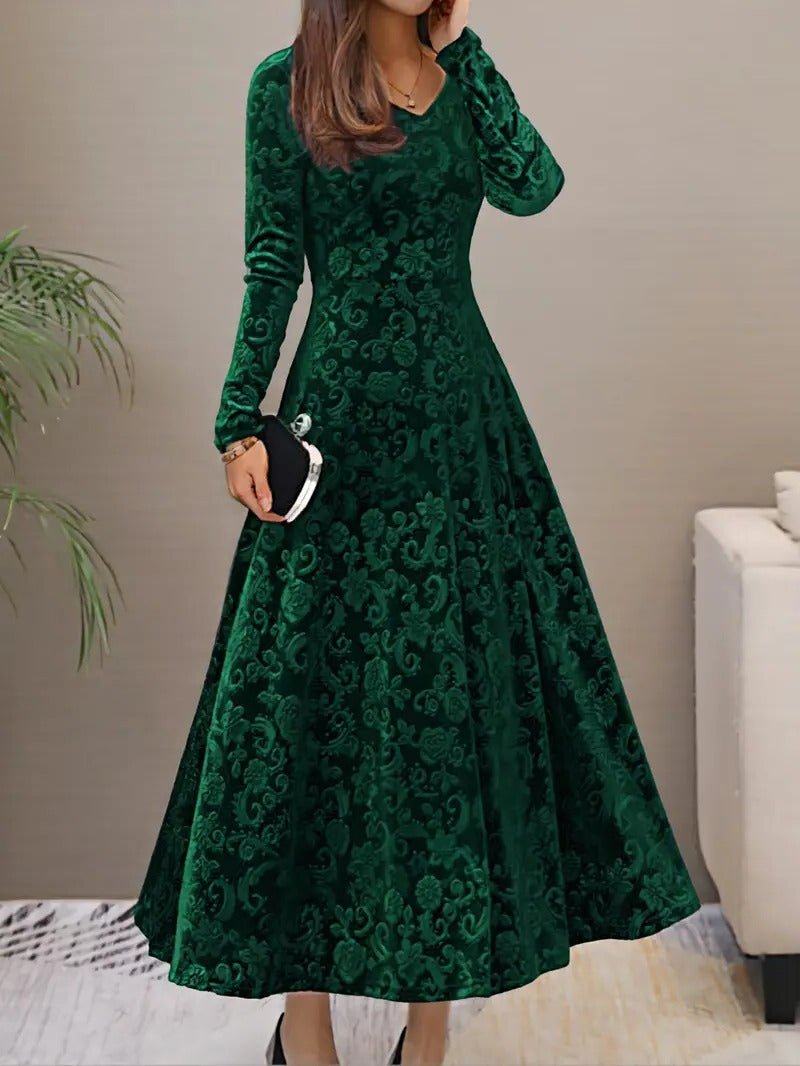 Women's V-Neck Velvet Midi Party Dress