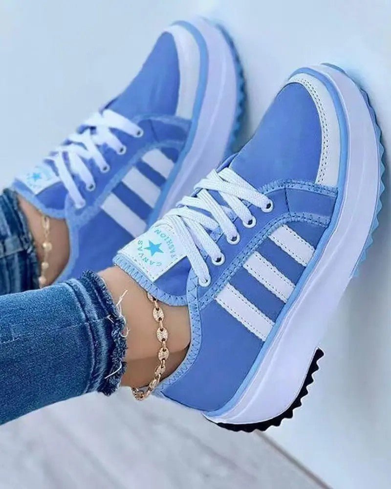 Women's Chunky Striped Platform Lace-Up Trainers - Blue