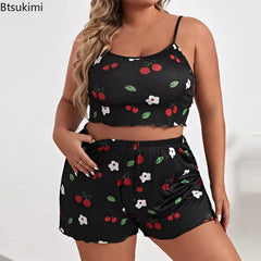 2025 Summer Women'S Heart Print Pajama Set Sleeveless Elastic Waist Shorts 2 Pieces Female Sleepwear Nightwear XL-5XL plus Size
