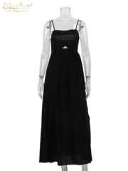 Sexy Loose Black Cotton Womens Dresses 2024 Summer Strap Sleeveless Ankle Length Dress Elegant Hollow Out Female Dress
