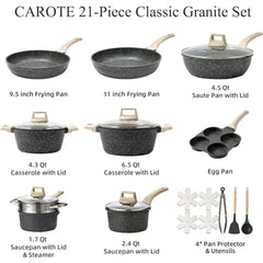 21Pcs Pots and Pans Set Nonstick, Cookware Set Black Granite Induction Kitchen Cooking Set W/Frying Pans
