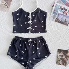 Sleepwear Women'S Pajamas Set Heart Pajamas Heart Print Soft Ribbed with Flirty Frill Trim Casual Top and Shorts Sets Loungewear
