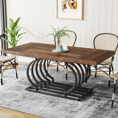 Dining Table, 63 Inch Faux Marble Wood Kitchen Table for 6 People, Rectangular Dinner Room Table Geometric Frame for Kitchen
