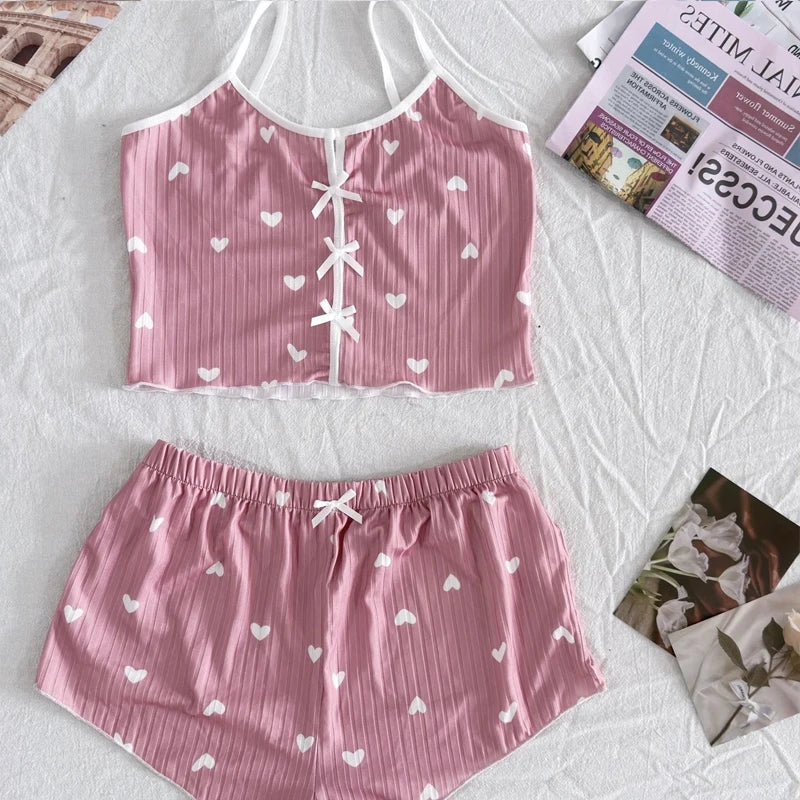 Sleepwear Women'S Pajamas Set Heart Pajamas Heart Print Soft Ribbed with Flirty Frill Trim Casual Top and Shorts Sets Loungewear