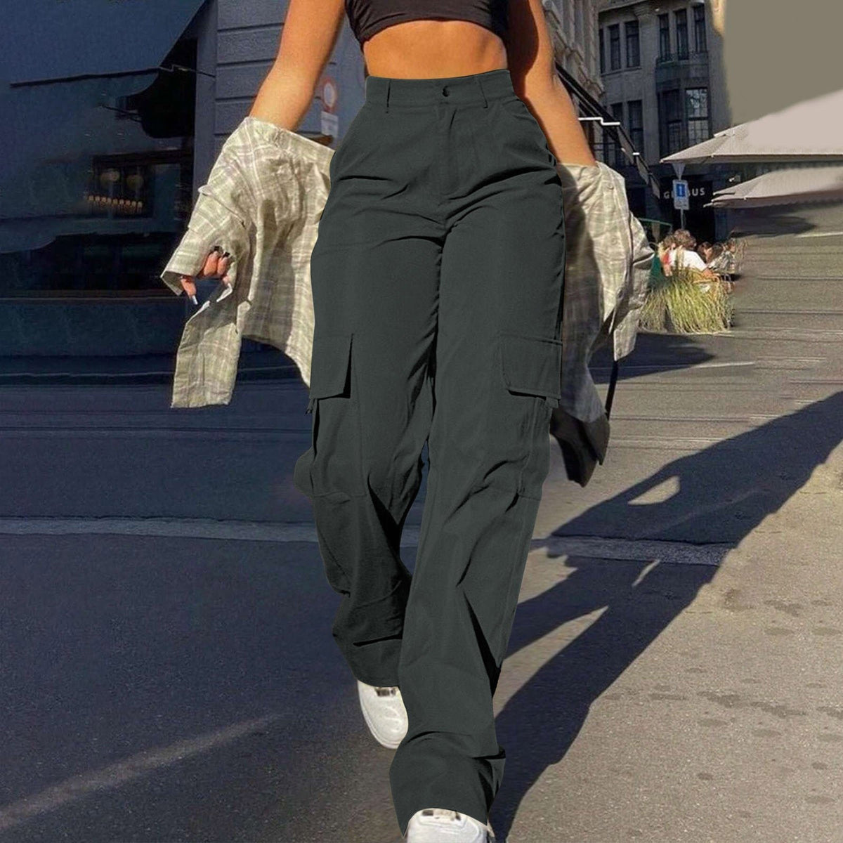Women's Black High-Waisted Cargo Trousers - Darkgray