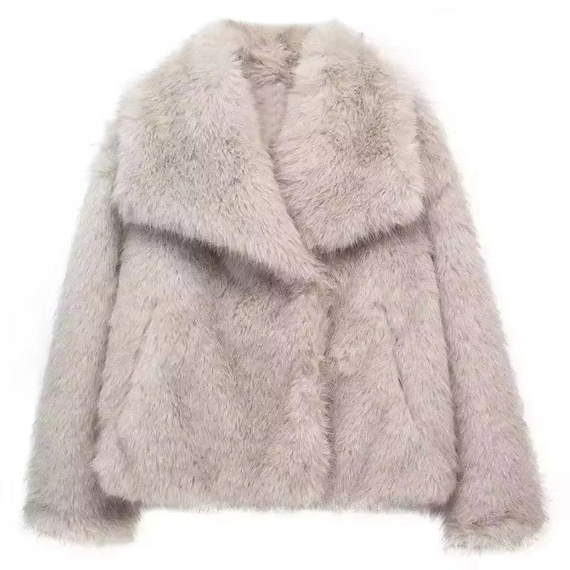 Women's Oversized Faux Fur Jacket - Beige Gray