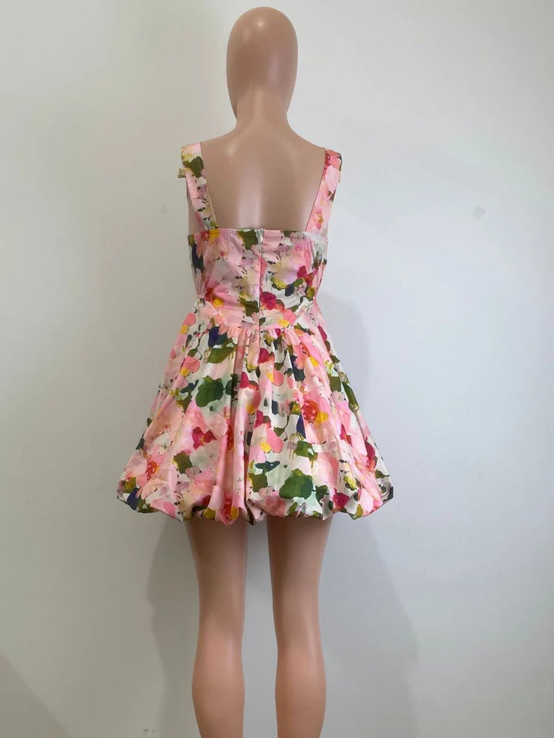 Stylish U Neck Floral Bubble Hem Mini Dress Summer Sundress Chic Women'S Sleeveless Flower Short Dress Vacation Outfits