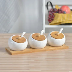 Ceramic Spice Jar Set-  Sugar Bowl Coffee Accessories With Bamboo Lid and Tray.