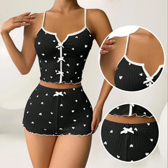 Sleepwear Women'S Pajamas Set Heart Pajamas Heart Print Soft Ribbed with Flirty Frill Trim Casual Top and Shorts Sets Loungewear