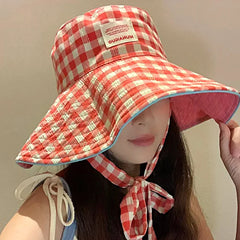Women'S Summer Wide Brim Double Sided Sun Hat Plaid Lace up Fisherman Hat Uv Protection Bucket Hat Outdoor Travel Sunshade Cap