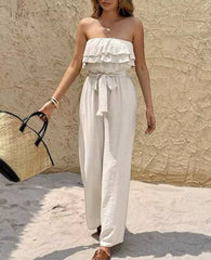 Summer Sleeveless Strapless Ruffled Lace up Jumpsuit for Women, Elegant and Casual, Solid Color Pleated High Waisted Jumpsuit