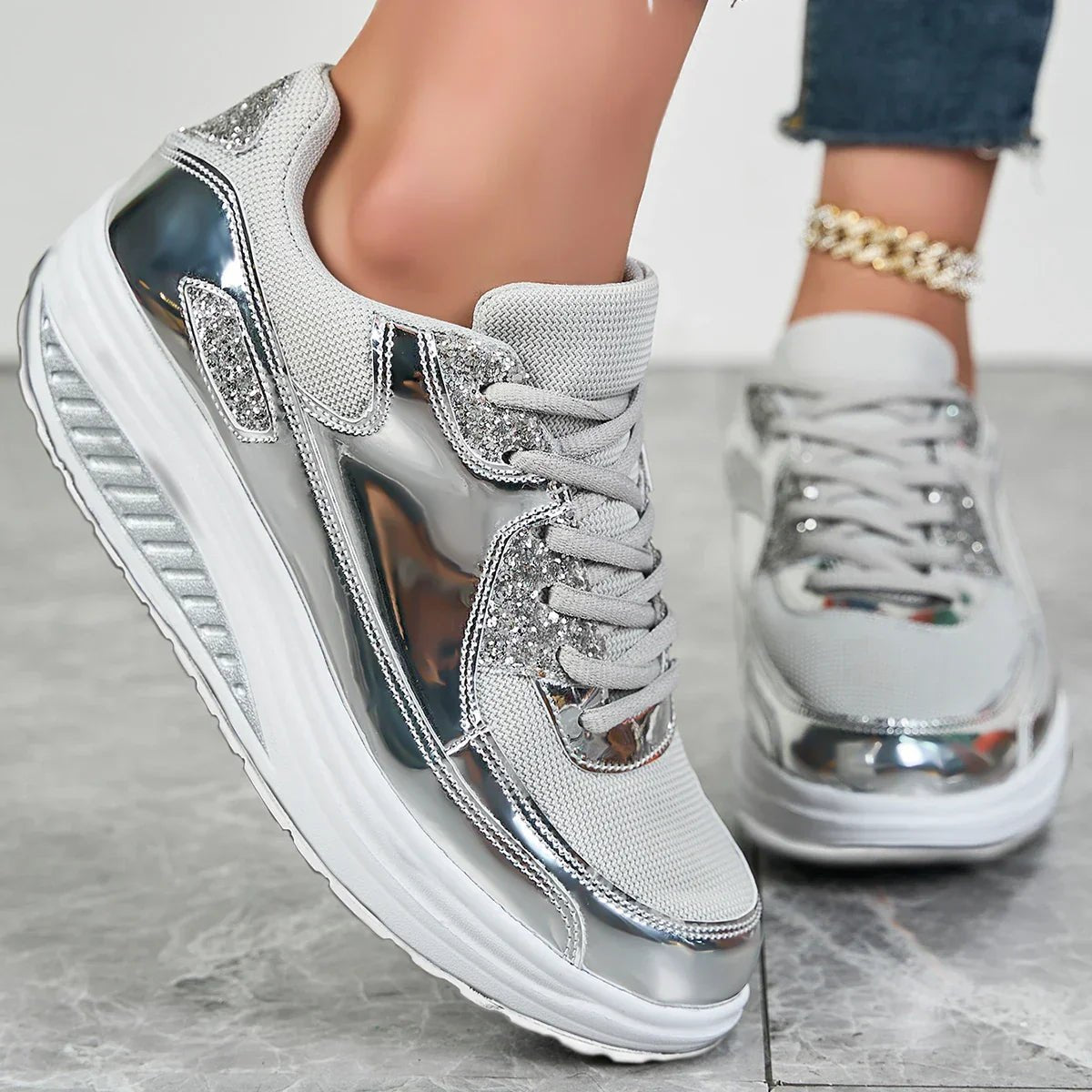Women's Chunky Platform Wedge Lace-Up Trainers