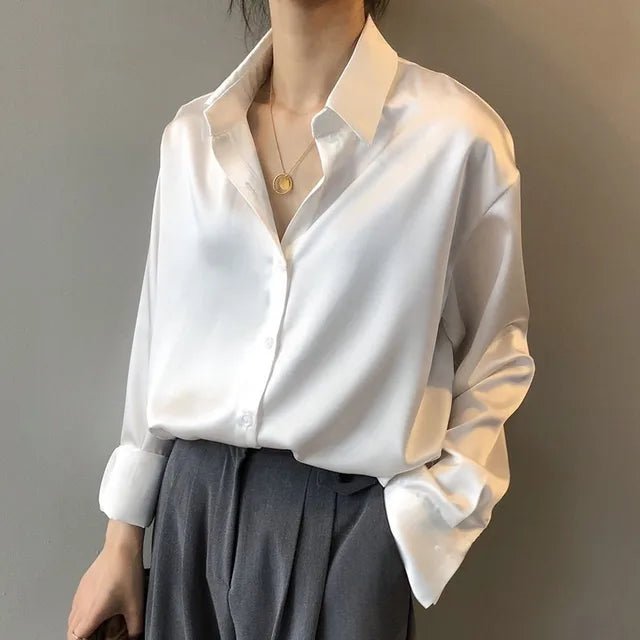 Women's Work Satin Long Sleeve Blouse - White