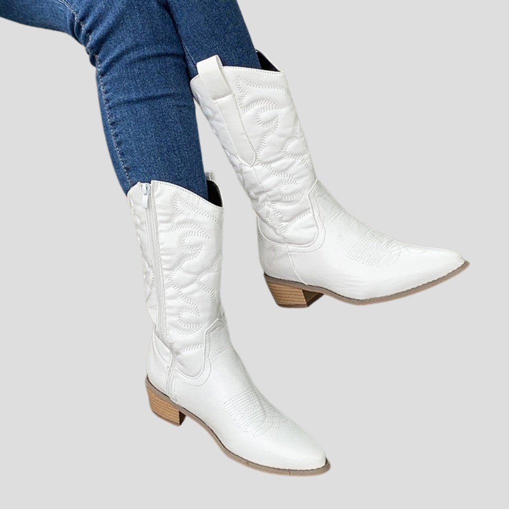 Women's Faux Leather Western Cowboy Knee-High Boots - White
