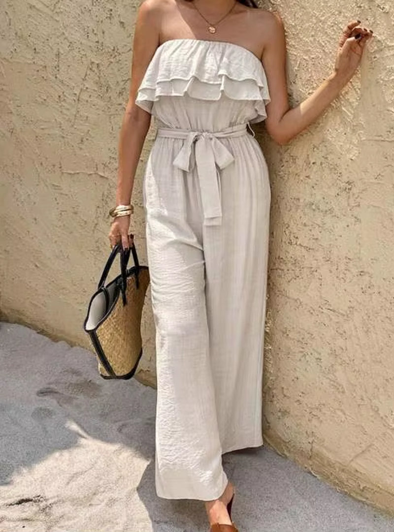 Summer Sleeveless Strapless Ruffled Lace up Jumpsuit for Women, Elegant and Casual, Solid Color Pleated High Waisted Jumpsuit