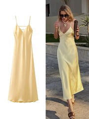 Women Summer Yellow Stain V Neck Sling Dress Elegant Sleeveless Loose Maxi Robes 2025 New Ladies Party Holiday Dresses