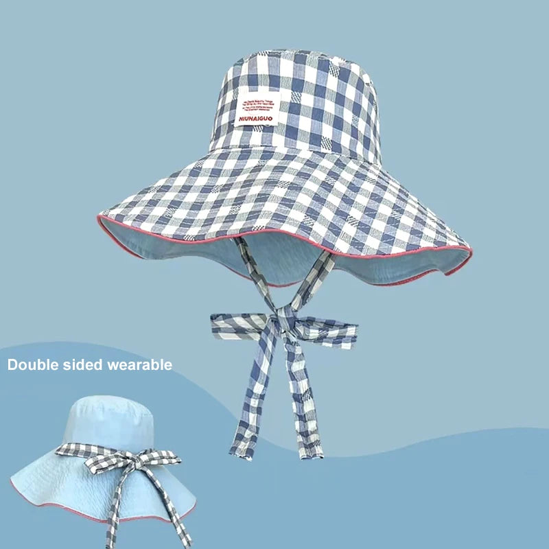 Women'S Summer Wide Brim Double Sided Sun Hat Plaid Lace up Fisherman Hat Uv Protection Bucket Hat Outdoor Travel Sunshade Cap