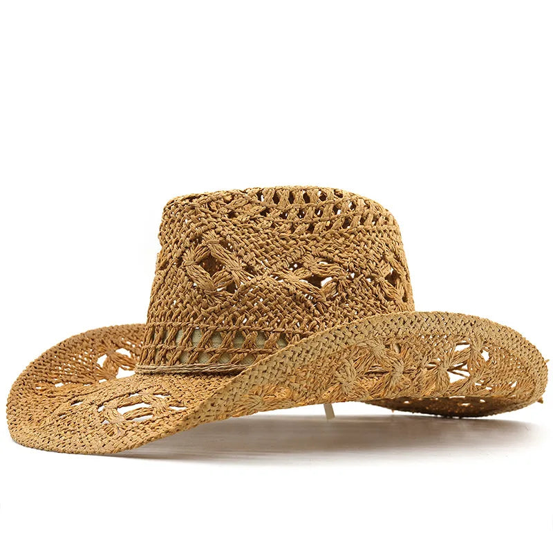 Straw Hats Cowboy Woven Hand Knitting Sun Hats Western Cowboy Hats Foldable Roll up Cap Travel Dresses Office Gift Men & Women