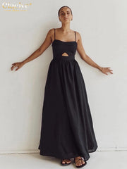 Sexy Loose Black Cotton Womens Dresses 2024 Summer Strap Sleeveless Ankle Length Dress Elegant Hollow Out Female Dress