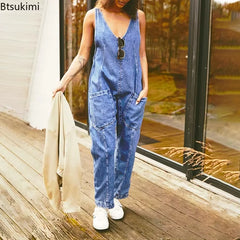 2025 Women'S Fashion Casual Denim Jumpsuits Splice Double Pockets Deep V-Neck Backless Suspenders Rompers One Piece Jeans Femme