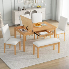 7-Piece Dining Table Set, 76.9Inch Extendable Trestle Dining Table with Upholstered Side Chair and Arm Chair, Dining Table Set