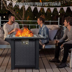 28 Inch Gas Fire Pit Outdoor Firepit Table, 50000BTU Rectangle Propane Fire Table with Cover & Lava Rock for Garden Backyard.