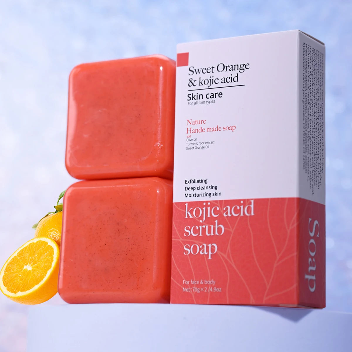Kojic Acid Scrub Soap Orange Fragrance Body Face Wash Nature Ingredient Papaya Floral Pattern Paper Style Bath