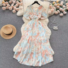Women Chiffon Floral Long Dress Korean V-Neck Short Sleeve A-Line Party Dresses Summer Bohemian Print Beach Vestidos