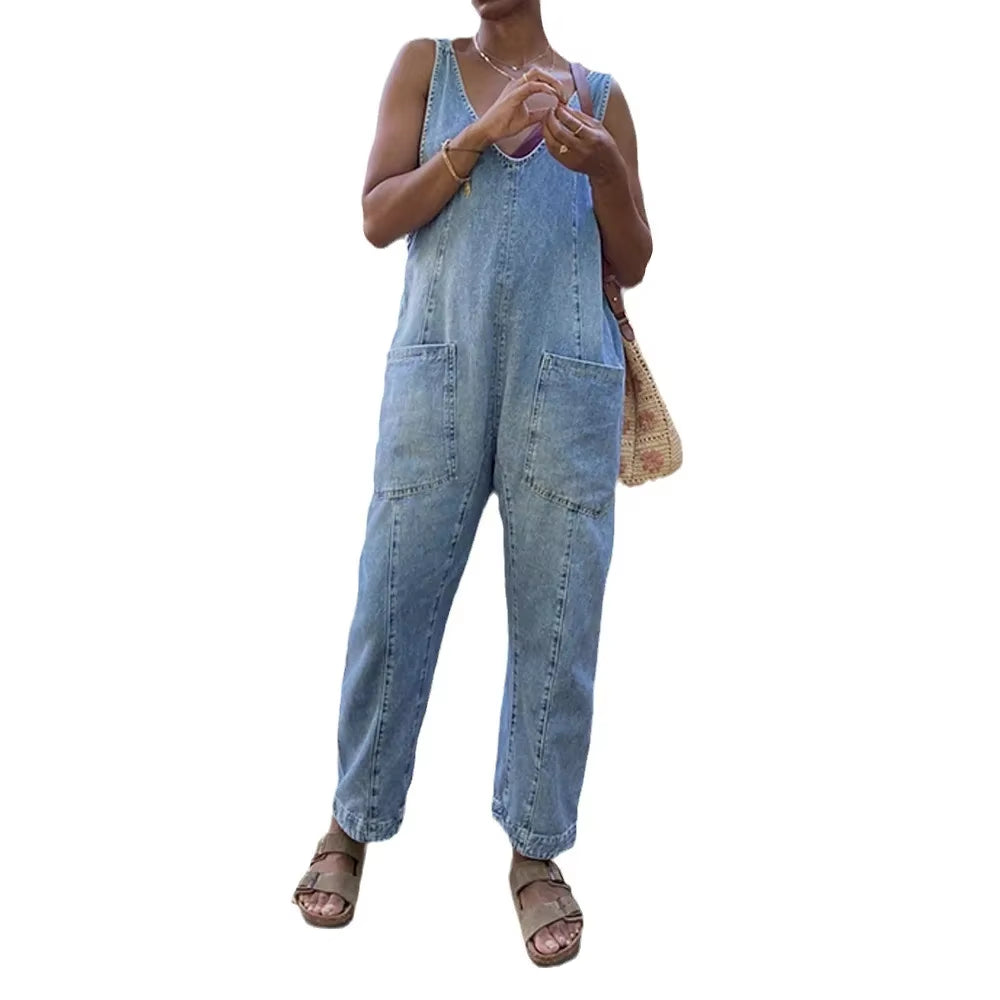 2025 Women'S Fashion Casual Denim Jumpsuits Splice Double Pockets Deep V-Neck Backless Suspenders Rompers One Piece Jeans Femme